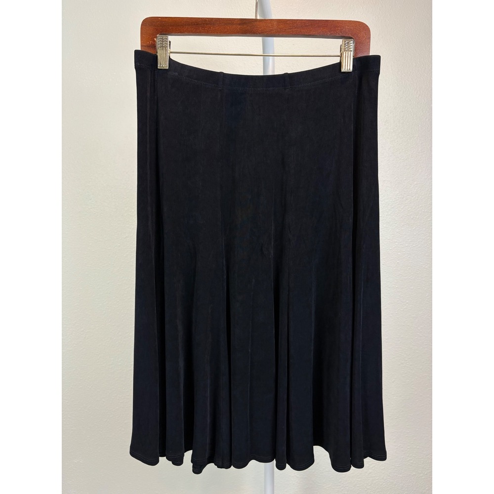 Women's Black Midi Skirt Flared A-Line Pull On Stretch Knit Classic Travelers